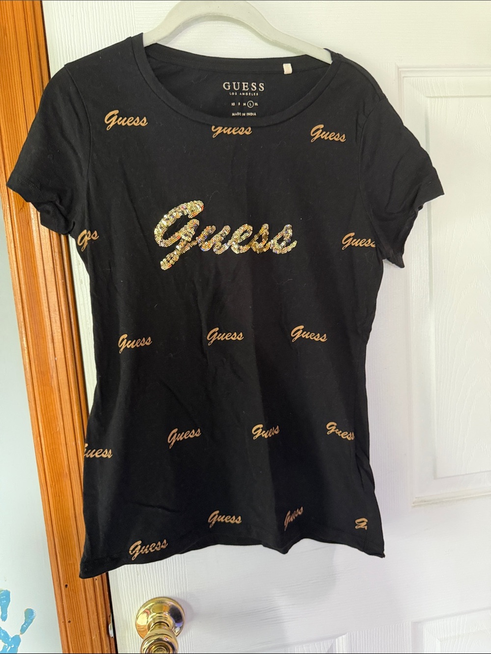 Guess Black Short Sleeve Tee with Gold Sequin Logo